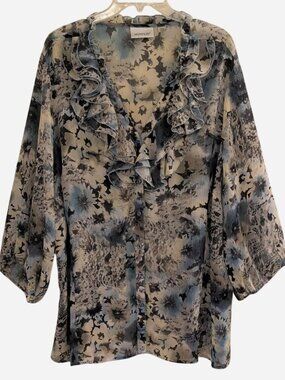 Avenue Blue & Cream Floral Ruffle Blouse | Plus Size 26/28